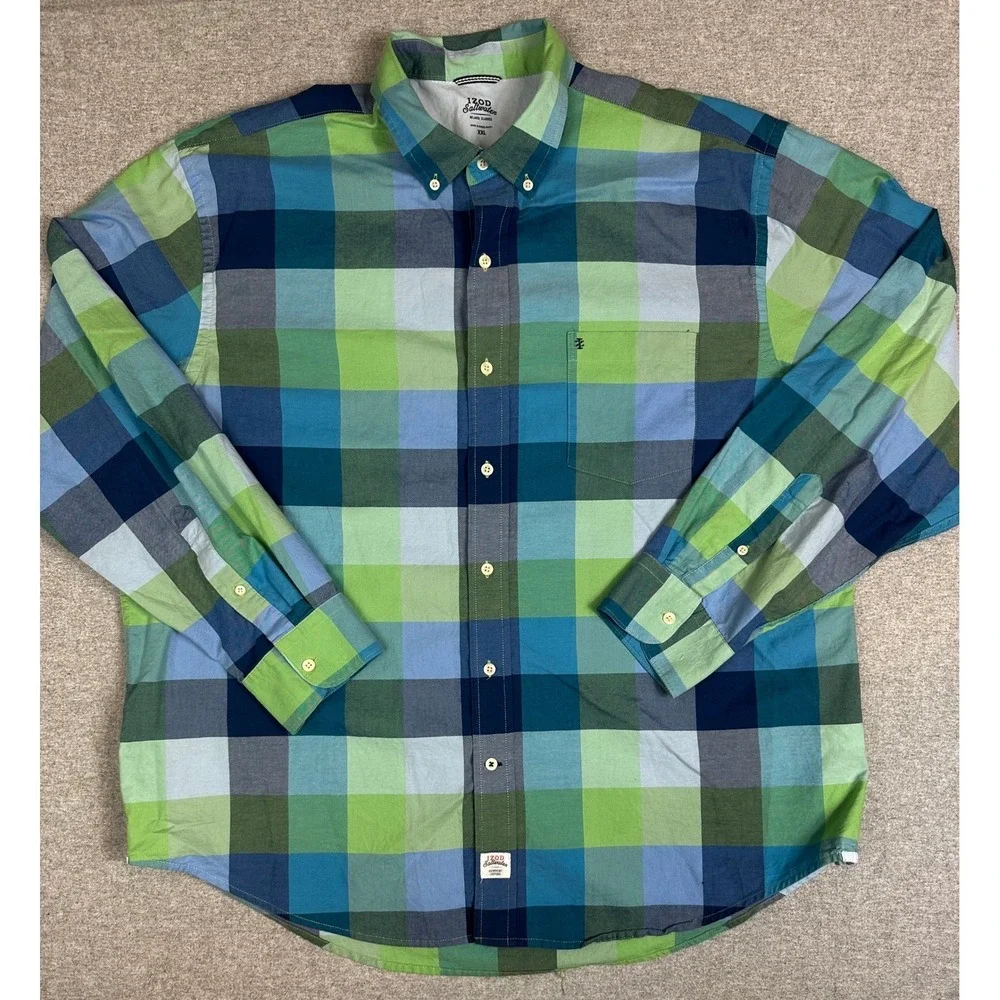 IZOD Saltwater Shirt Mens XXL Blue Green Plaid Long Sleeve Beach Vacation Preppy